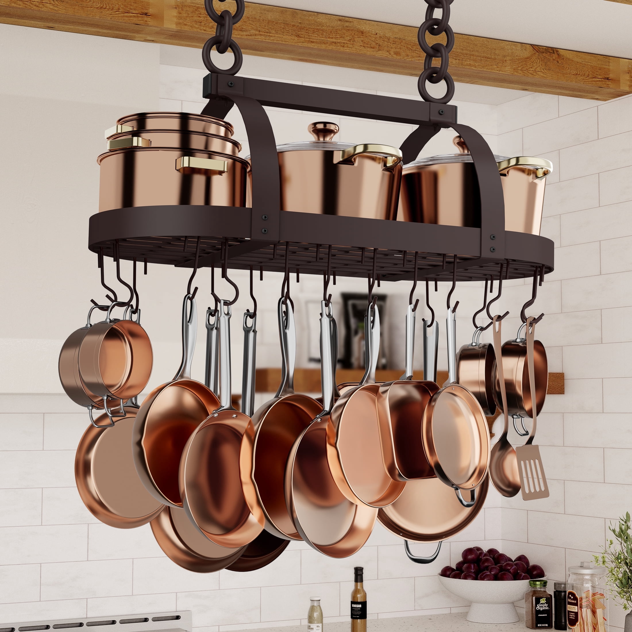 KES Oiled Bronze Hanging Pot Rack, 34 inch Heavy Duty Oval Pot and Pan ...