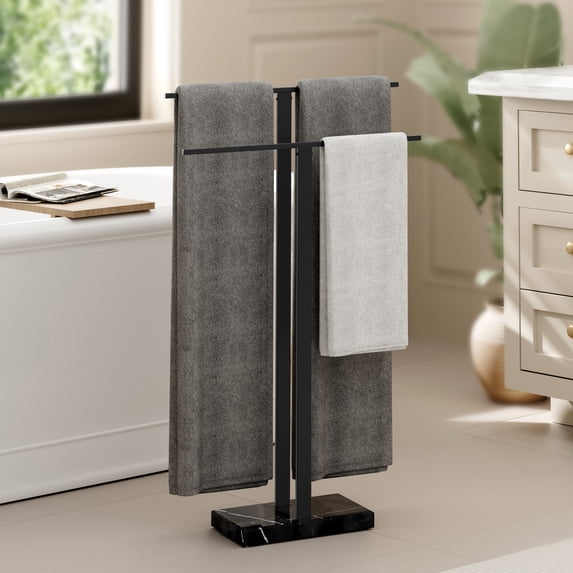 KES Standing Towel Rack with Black Natural Marble Base, 2-Tier Towel Stand for Bathroom Freestanding, Upgrade Steady Design, SUS304 Stainless Steel