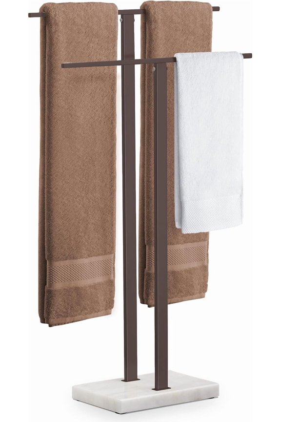Standing Towel Racks for Bathroom 2-Tier, Floor Towel Rack Stand with Heavy Marble Base, Upgrade Steady Freestanding Design, Pro-Grade 18/8 Stainless Steel Brushed Finish, BTH217-2