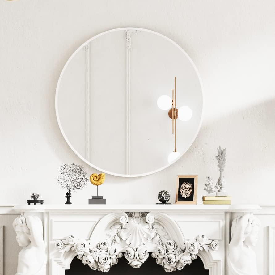 KESHENGDA 30 inch Round Wall Mirror White Metal Frame Mirror White