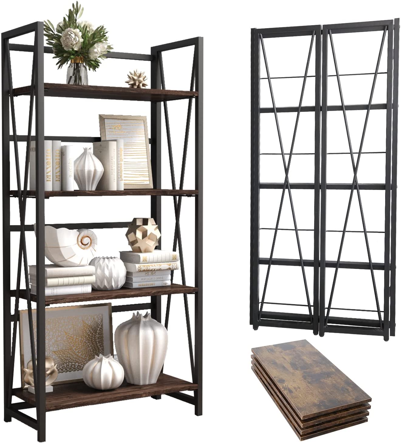 KESHENGDA 4 Tier Folding Bookshelf, Easily Assembled Bookcase Industrial Freestanding