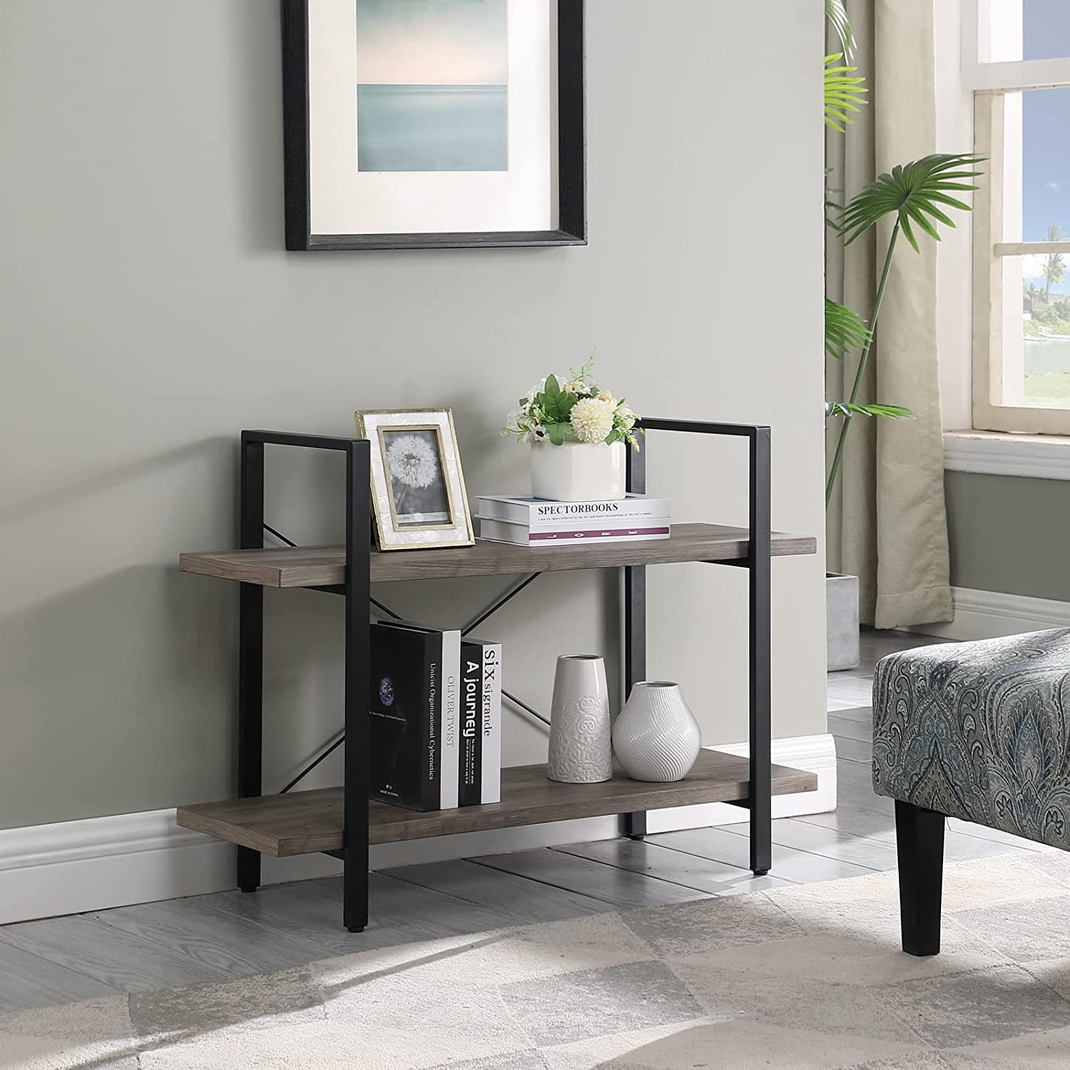 KESHENGDA Bookshelf, 2 Tier Industrial Book Shelf, Grey Wood and Metal