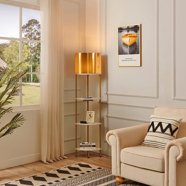 KESHENGDA Corner Shelf Floor Lamp with USB Ports and Wireless Charging