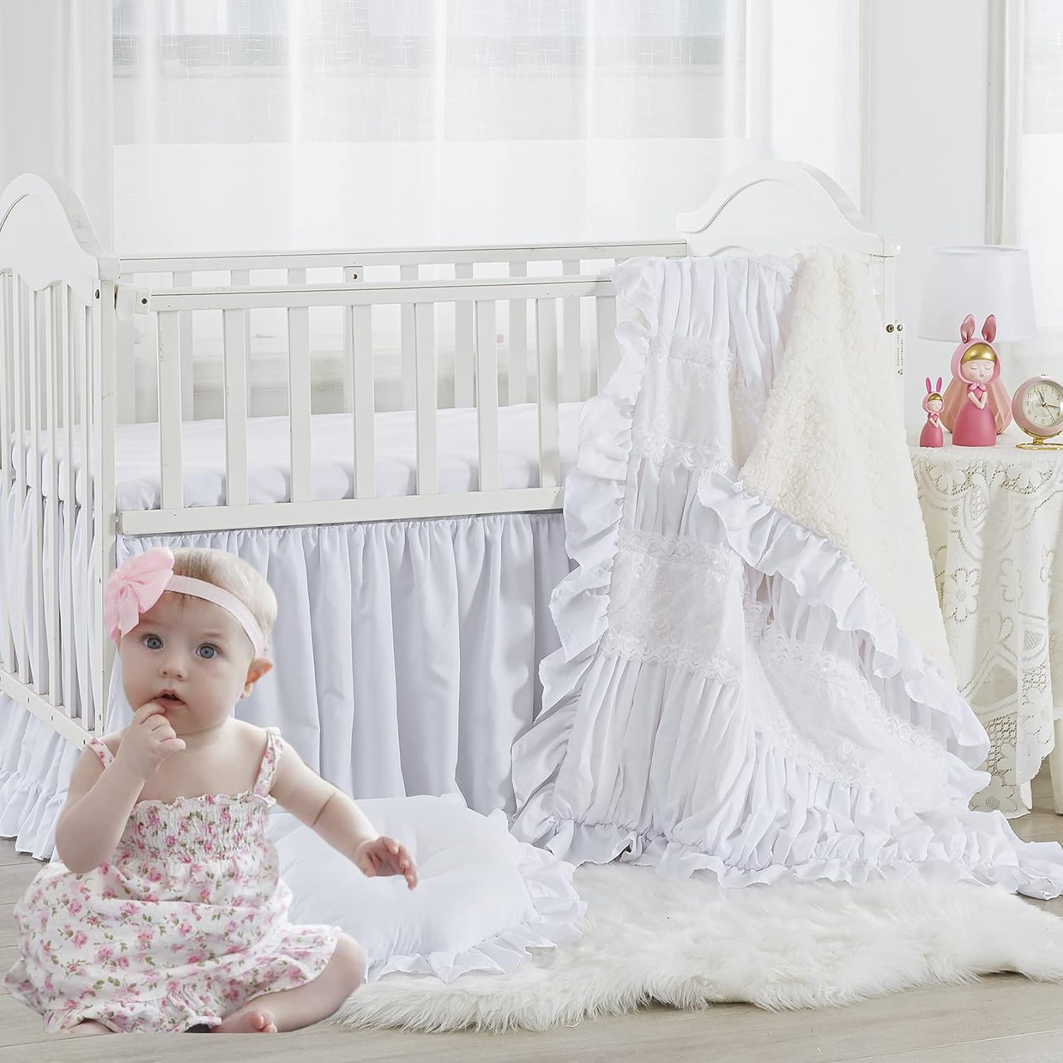 KESHENGDA Girls Nursery Bedding Neutral White Crib Bedding Solid