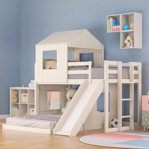 KESHENGDA House Floor Bunk Beds with Slide, Wooden Twin Over Full Bunk