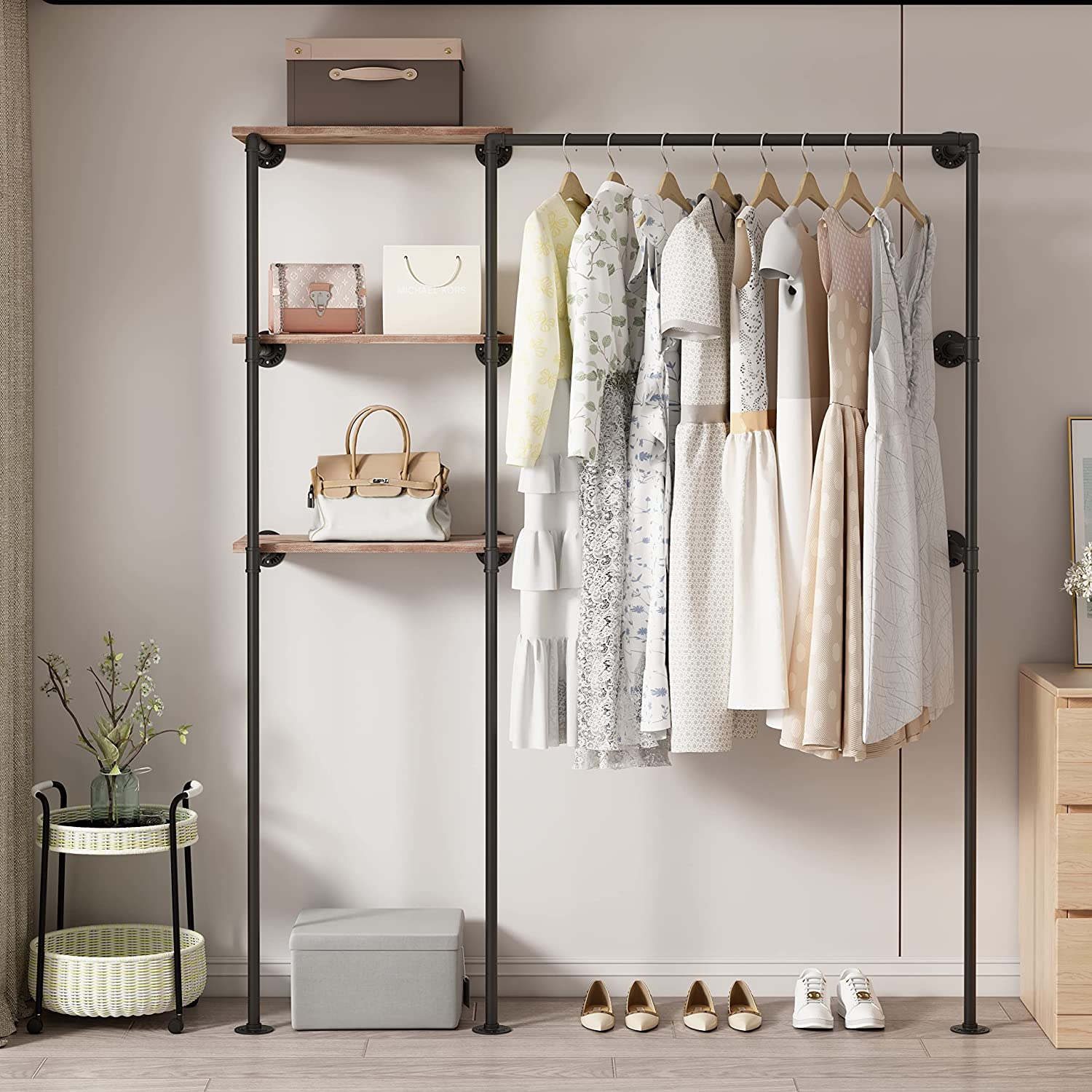 KESHENGDA Industrial Pipe Clothing Rack with Triple Shelves,Industrial