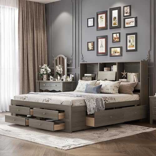 KESHENGDA King Size Platform Bed with Storage Drawers and Bookcase