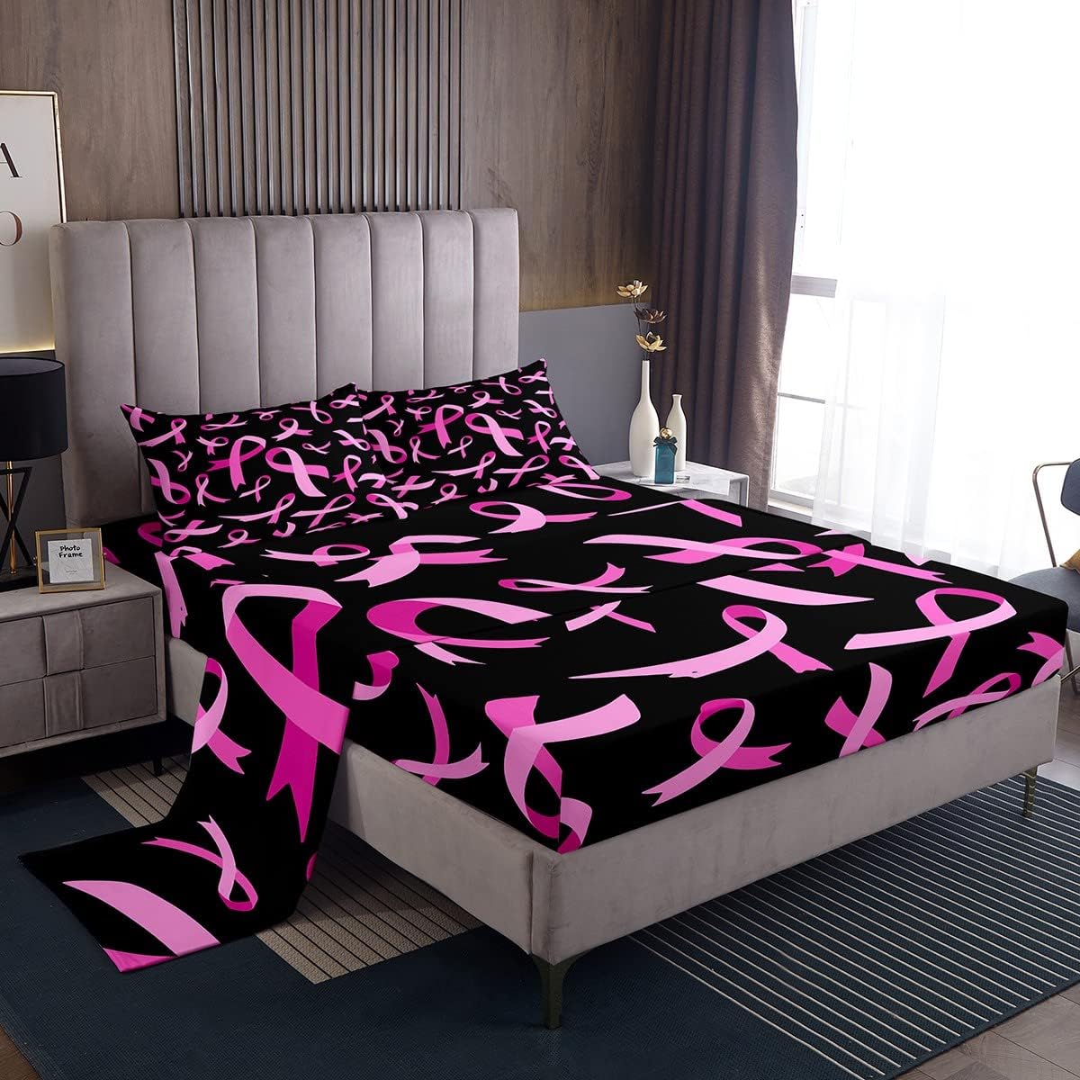 KESHENGDA Pink Ribbon Bed Sheets King Size Breast Cancer Awareness