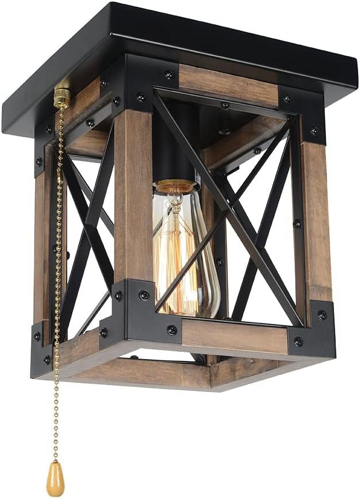 KESHENGDA Square Wood Rustic Pull String Ceiling Light Fixture, 1Light