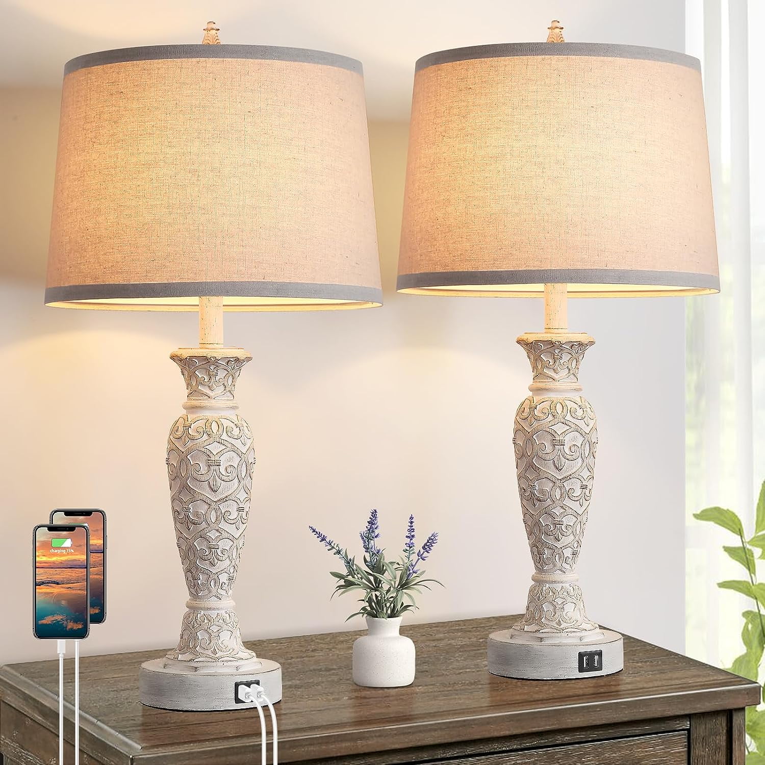 KESHENGDA Table Lamps Set of 2 with Dual USB Ports, 26” Resin Tall Table Lamps for Living Room
