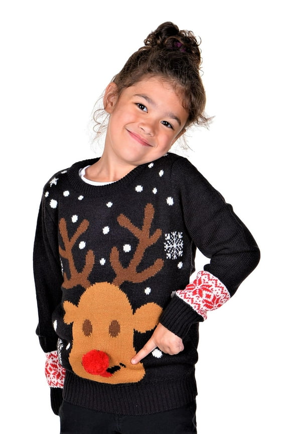 Children Rudolph With 3D Nose Ugly Christmas Pullover Sweater Black 7-8 Years