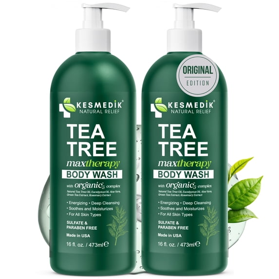 KESMEDIK Tea Tree Body Wash MaxTherapy, Itchy Skin Relief, Tea Tree Oil Soap, Soothes Jock Itch, Athlete's Foot, Ringworm, Eczema, Psoriasis & Sensitive Skin, Men & Women, 16 fl oz, 2-Pack