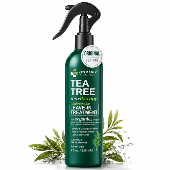 KESMEDIK Tea Tree Oil Leave-In Conditioner Treatment & Detangler Spray for Flaky Itchy Scalp Care, Anti Thinning Formula with Biotin for Soft, Healthy-Looking Hair, Sulfate-Free, Men & Women