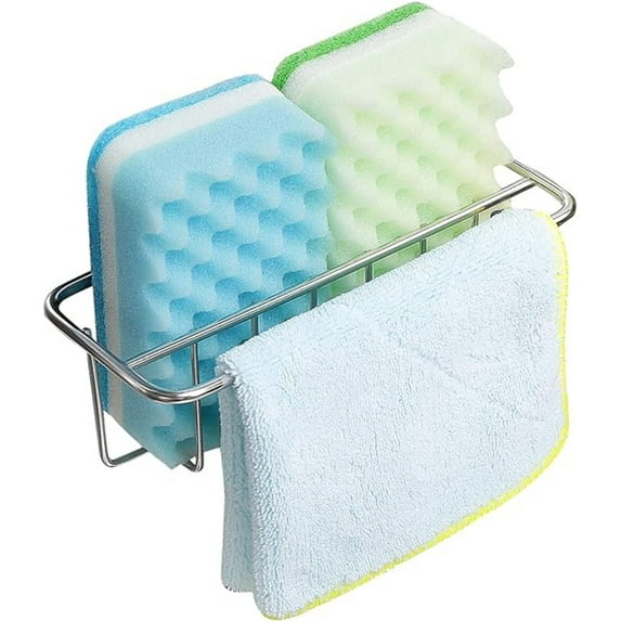 KESOL Adhesive Kitchen Sink Sponge Holder + Dish Cloth Hanger + Soap Holder, 2-in-1 Kitchen Sink Caddy, 304 Stainless Steel Rust Proof, Water Proof, No Drilling (Silver)