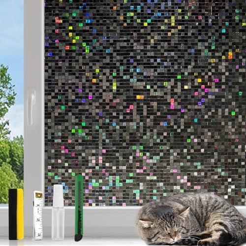 KESPEN Blackout Window Privacy Film, Mosaic Rainbow Decorative Stained Glass Cling, No Glue Self-Adhesive Window Tint Decals for Home and Door Covering, Blackout, 29.5 Inch X 6.5 Feet