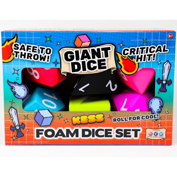 KESS: Giant RPG Foam Dice Set - 6pc Combo, 5" Die, Assorted Vibrant Colors, d20-d12-d10-d8-d6-d4, Tabletop Game Accessory, Collectible Decor, Play Toy