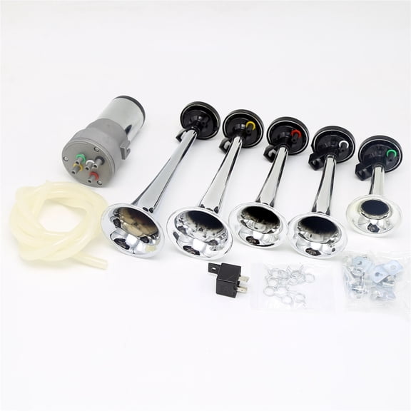 KESSOCCO 5Pcs 12V 300DB Chrome Color Loud 5 Trumpet Dixieland Musical Air Horn