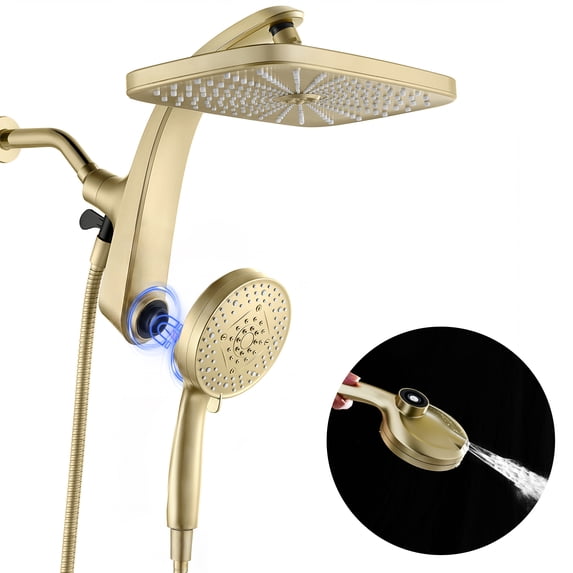 KESTE Rainfall Shower Head Combo, 12 Inch High Pressure Rain Showerheads with 9 Modes Handheld Shower Head, Magnetic Docking, Removable Dual Shower Heads with 60’’ Hose, Gold