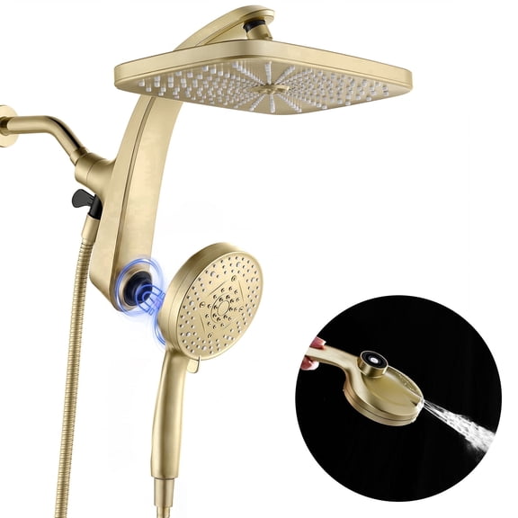 KESTE Rainfall Shower Head Combo, 12 Inch High Pressure Rain Showerheads with 9 Modes Handheld Shower Head, Magnetic Docking, Removable Dual Shower Heads with 60’’ Hose, Gold