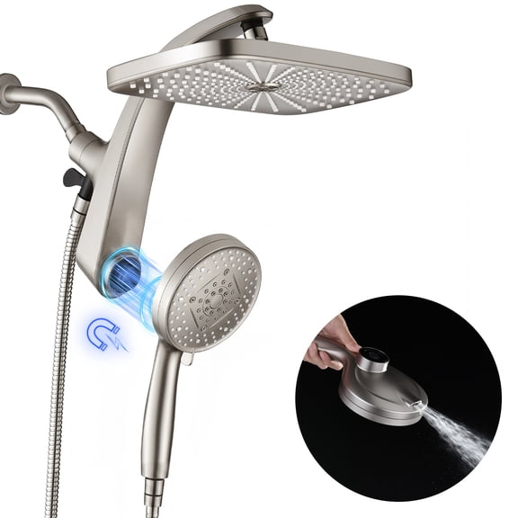 KESTE Shower Head with Handheld Combo, 12 Inch High Pressure Rain Showerheads with 9 Modes Handheld Shower, Magnetic Docking, Detachable Dual Shower Heads with 60’’ Hose, Nickel