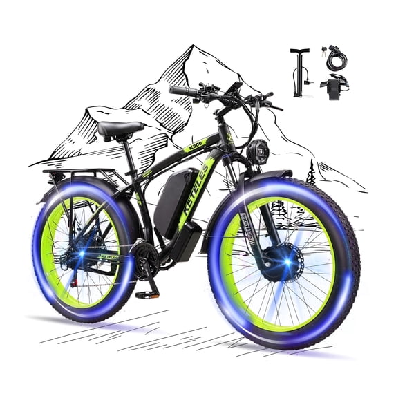 KETELES Electric Bike for Adults , AWD Ebike Dual Motor, 26'' Fat Tire Mountain Ebikes with 48V 23AH Battery Front suspension Electric Bicycle, 21 Speed Dirt Bikes UL 2849.
