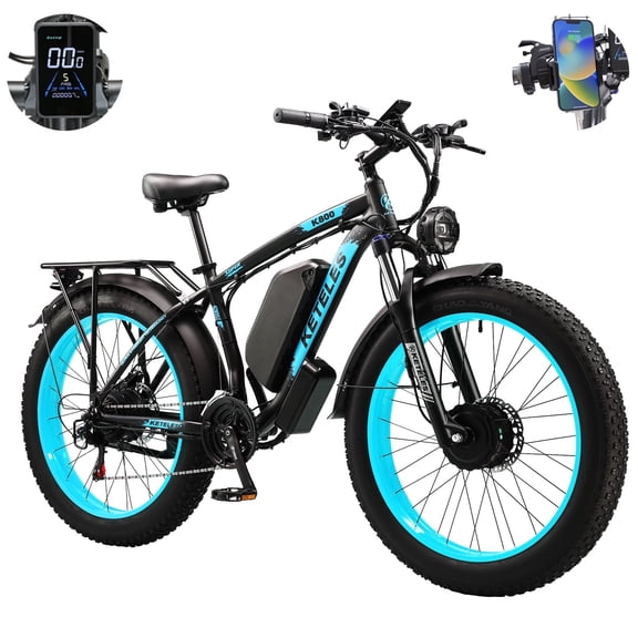 KETELES Electric Bicycle for Adults, Awd Ebike Dual Motor , 26'' Fat Tire Peak 4000W Mountain Ebikes with 48V 23AH Battery 21 Speed Ebike UL 2849.