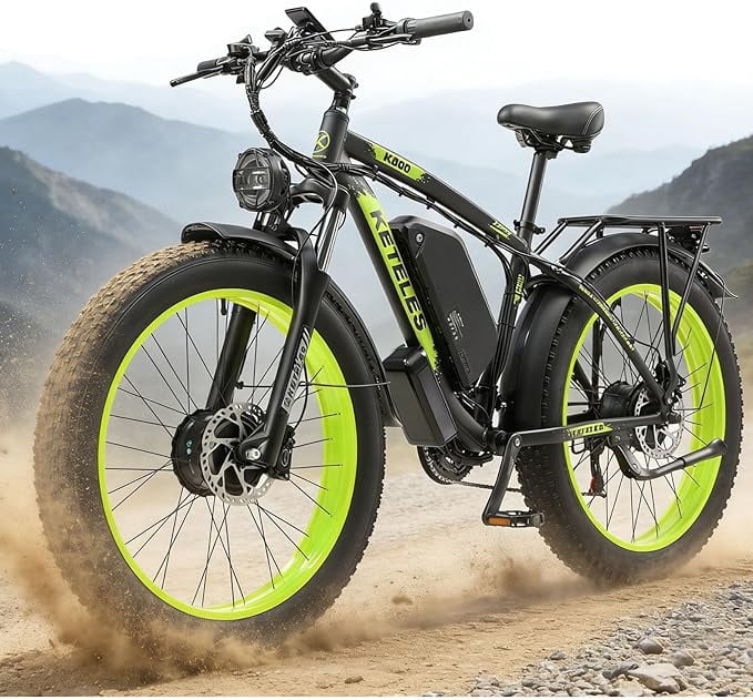 KETELES Electric Bike for Adults , AWD Ebike Dual Motor Peak 2000W, 26'' Fat Tire Mountain Ebikes with 48V 23AH Battery Front suspension ​​Electric Bicycle, 21 Speed Dirt Bikes UL 2849.