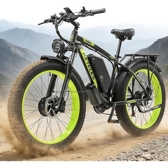 KETELES Electric Bike for Adults , AWD Ebike Dual Motor Peak 2000W, 26'' Fat Tire Mountain Ebikes with 48V 23AH Battery Front suspension Electric Bicycle, 21 Speed Dirt Bikes UL 2849.