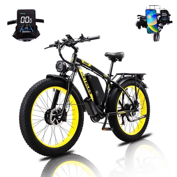 KETELES Electric Bike for Adults , AWD Ebike Dual Motor, 26'' Fat Tire Mountain Ebikes with 48V 23AH Battery Front suspension Electric Bicycle, 21 Speed Dirt Bikes UL 2849.
