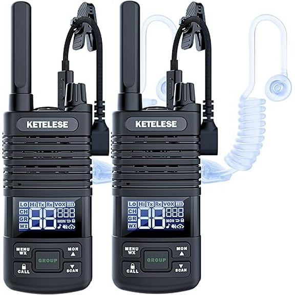 KETELESE T1 FRS Walkie Talkie Set for Adults, Long Range Two-Way Radio, with Earpiece Family Radio Walkie-Talkie, NOAA, VOX, Water-Resistant Design for Outdoor Adventures(2 Pack), Black