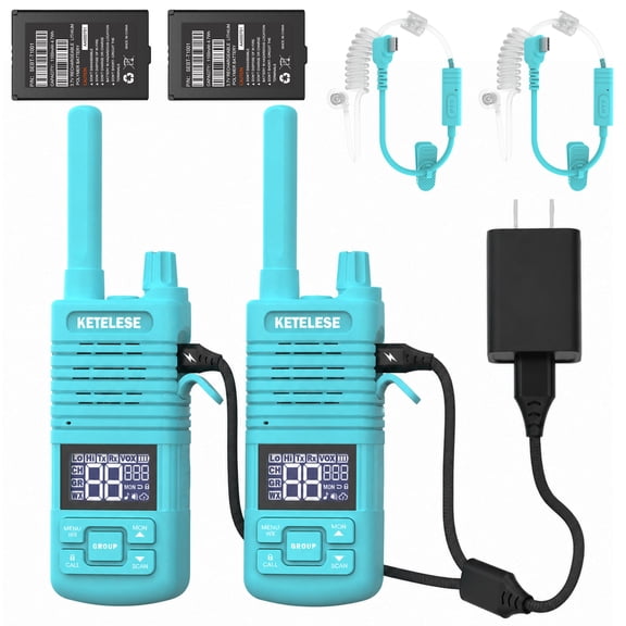 KETELESE T1 Walkie Talkies Long Range with Acoustic Tube Earpiece, Portable FRS Two-Way Radios, USB C Rechargeable walky Talky for Adults, for School Restaurant Church Business(2 Pack), Blue