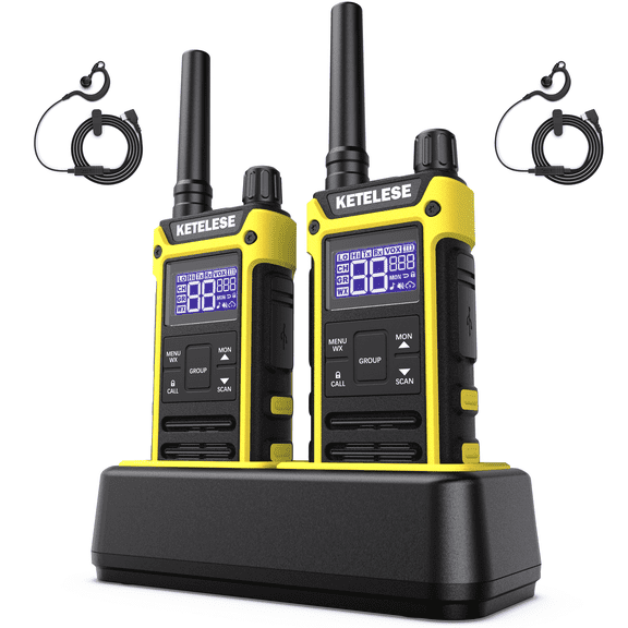 KETELESE T3 FRS IP67 Waterproof Walkie Talkies with USB Charger, 1100mAh Rechargeable Batteries, NOAA Weather Alert, 2 Way Radio for Cruise Ships Surfing, 2pack, Black/Yellow
