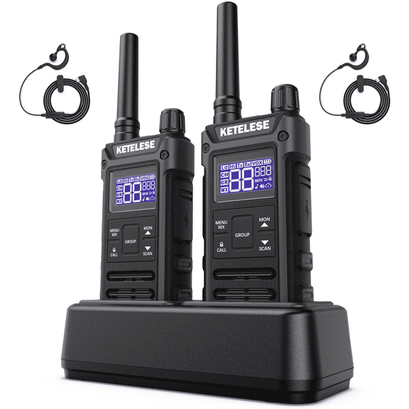 KETELESE T3 GMRS Heavy Duty Walkie Talkies for Adults, IP67 Waterproof Long Range 2 Way Radio with Earpiece and Mic, Portable Two-Way Radios for Huting, Hiking, Construction, 2Pack, Black/Grey