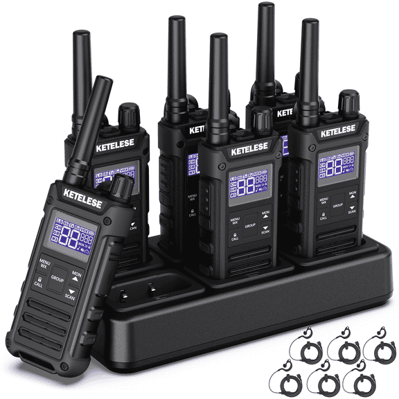 KETELESE T3G Heavy Duty Walkie Talkies Type-C Rechargeable, IP67 Waterproof, with Earpiece, Adapter, Dock, PTT Group, NOAA, VOX, 6 Pack Black/Grey