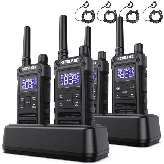KETELESE T3G IP67 Waterproof Walkie Talkies Rechargeable, Heavy Duty 2 Way Radios with Earpiece and Mic, Dock, USB, NOVV Weather Alarm, Group PTT (4 Pack), Black/Grey