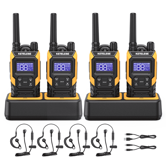 KETELESE T4 FRS IP67 Waterproof Long Range Walkie Talkies Portable Two Way Radios, with Earpiece, NOAA&Weather Alert, PTT, Group, VOX, Orange/Black, 4Pack