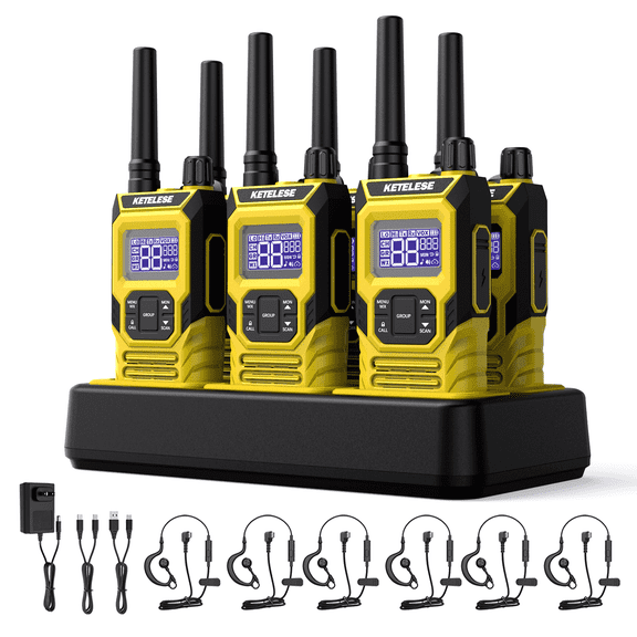 KETELESE T4 FRS IP67 Waterproof Walkie Talkies, 22 Channel, with Earpiece,NOAA, PTT, VOX, Yellow/Black, 6Pack