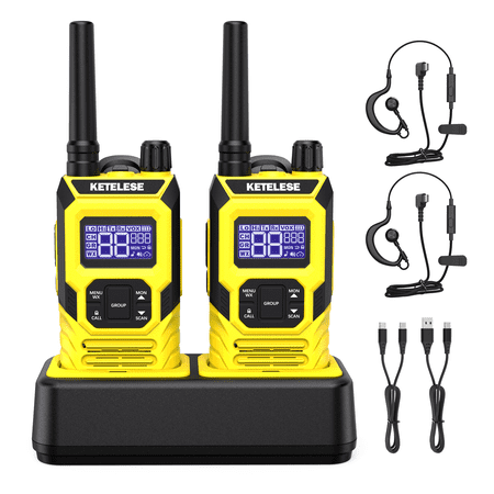 KETELESE T4 FRS Two Way Radio Walkie Talkies with Earpiece Mic, IP67 Waterproof , 22 Channel, NOAA Weather Alert, PTT, VOX, USB C Charge Base, Yellow/Black, 2 Pack