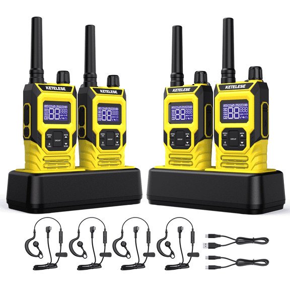 KETELESE T4 FRS Walkie Talkie Long Range, IP67 Waterproof, 22 Channel, NOAA Wheather Alert, PTT, VOX, Yellow/Black, 4Pack