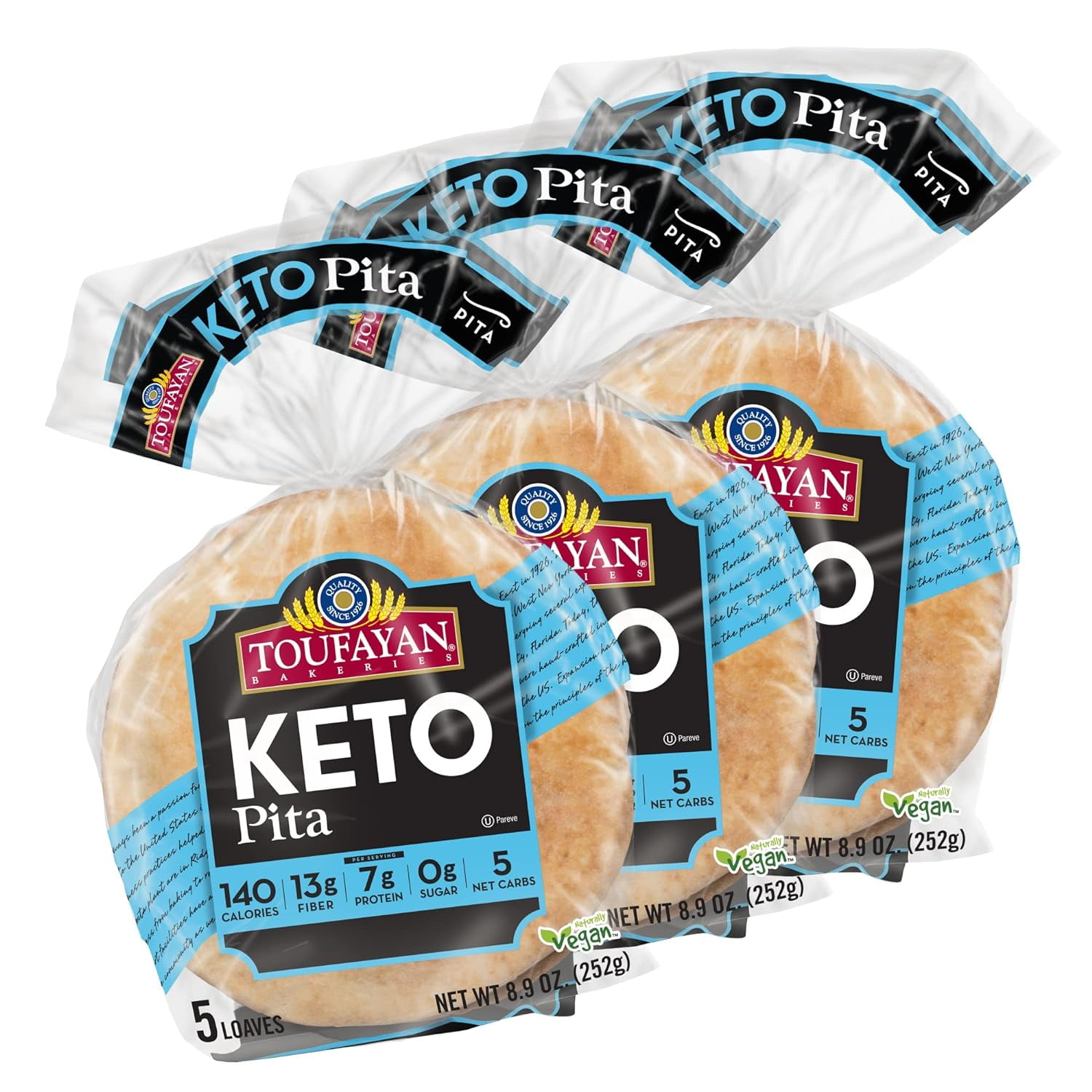 KETO Pita Bread High Fiber Protein Low Carb No Sugar (3 Pack, 15 Pitas Total)
