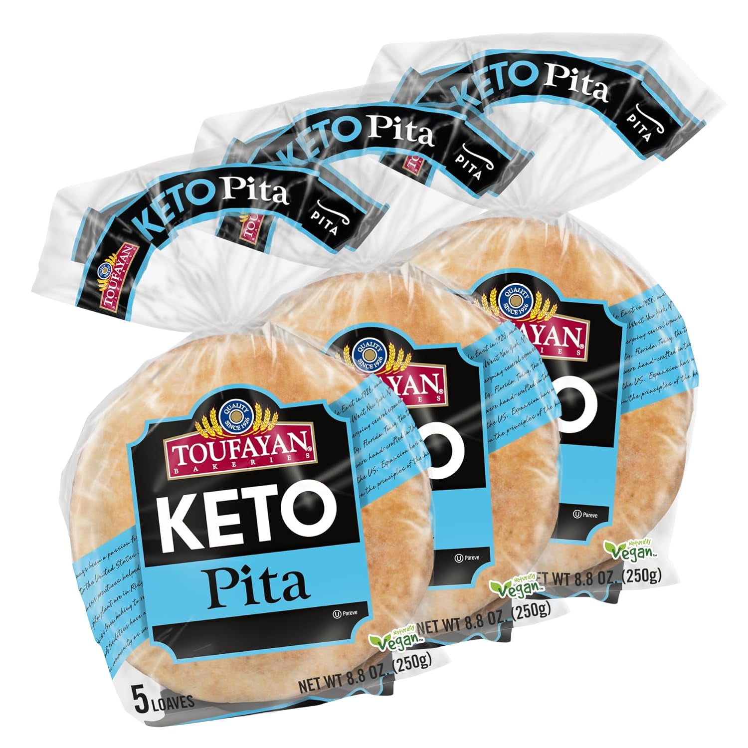 KETO Pita Bread High Fiber Protein, Low Carb, No Sugar (3 Pack, 15