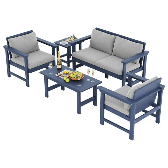KETOYARK 5-Piece Outdoor Patio Conversation Sets, HDPE Patio Furniture Set Waterproof,Rust-Resistant,Weather Resistance, Outdoor Sofa Set with Cushions for for Porch, Balcony, Deck, Lawn Navy