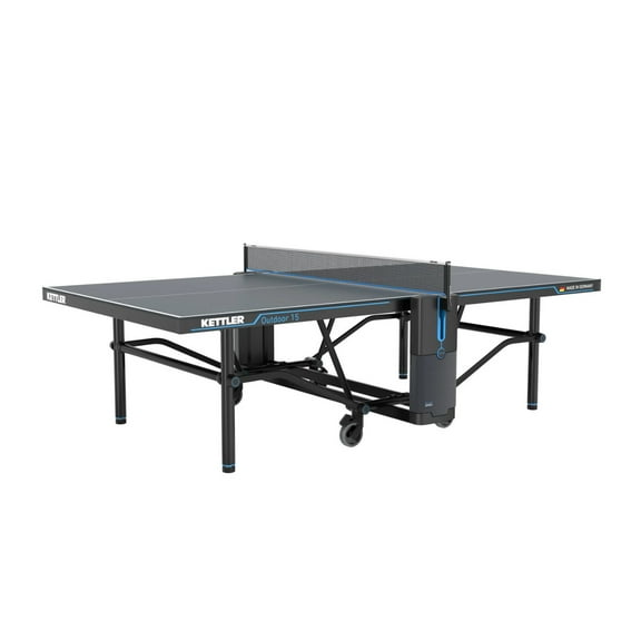 KETTLER Outdoor 15 Folding Table Tennis Table with Permanent Net System, Enclosed Racket Storage Compartment and 4-Player Accessories Bundle