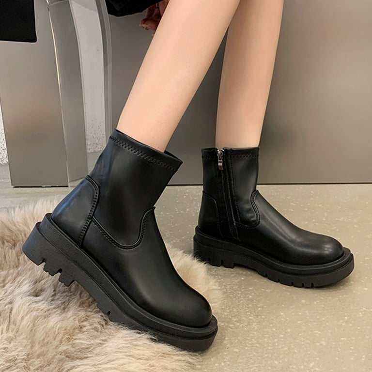 KEUSN Fashion Women Artificial Leather Solid Color Autumn Thick Sole Flat Zipper Short Booties Round Toe Shoes