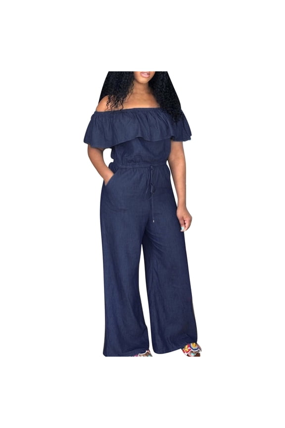 Plus Size Women's Solid Wide Leg Off Shoulder Denim Jumpsuits
