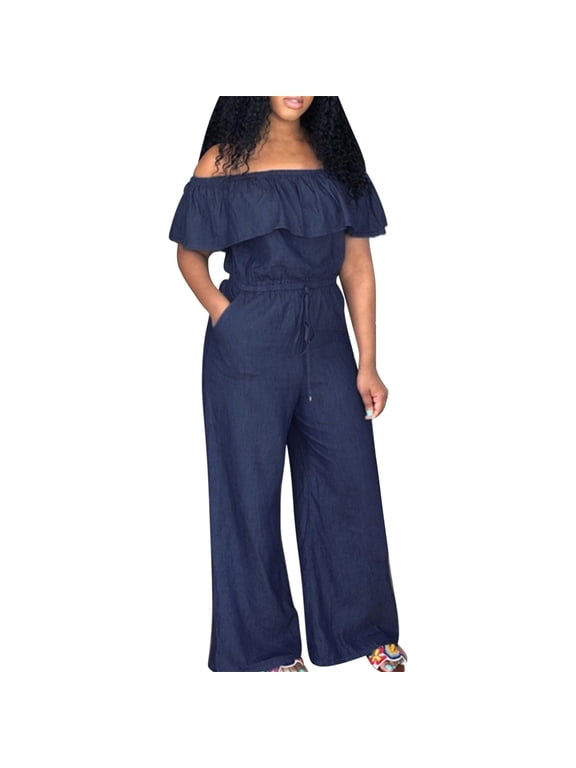 Plus Size Women's Solid Wide Leg Off Shoulder Denim Jumpsuits