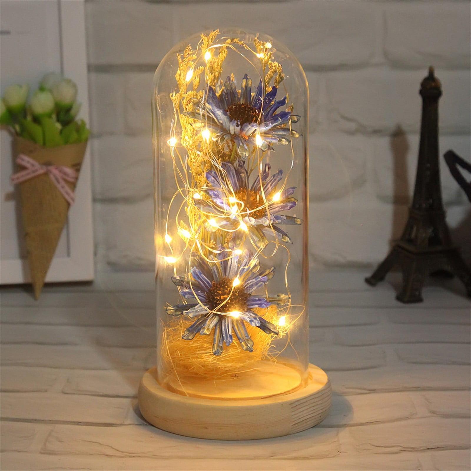 KEVCHE Artificial Sunflower In Glass Dome With Led Light Strip, Express