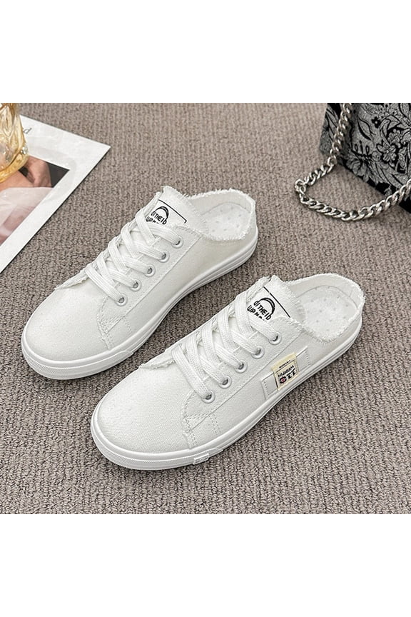 Canvas Slip On Shoes for Women Flat Bottom Lazy One Foot Kick Sneakers, Fashion Comfortable Backless Loafers for Casual Outdoor Daily Wear