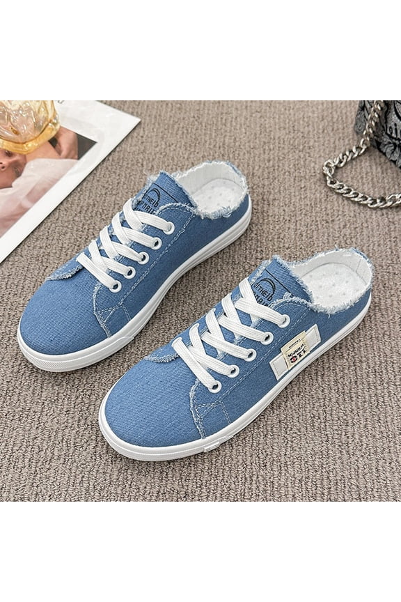 Canvas Slip On Shoes for Women Flat Bottom Lazy One Foot Kick Sneakers, Fashion Comfortable Backless Loafers for Casual Outdoor Daily Wear
