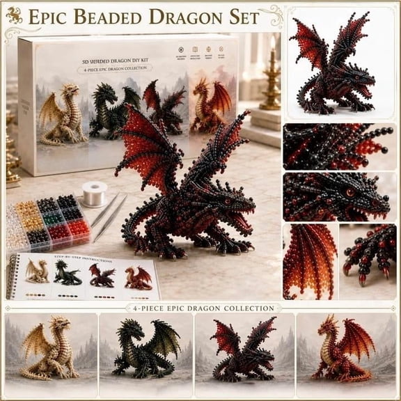 KEVCHE Exquisite Cute Creative 3D Beaded Dragon DIY Kit Make 4 Separate Dragon Models, Seed Beads Plastic Build Step By Step Instructions, Handmade Desk Decor Gift For Adults